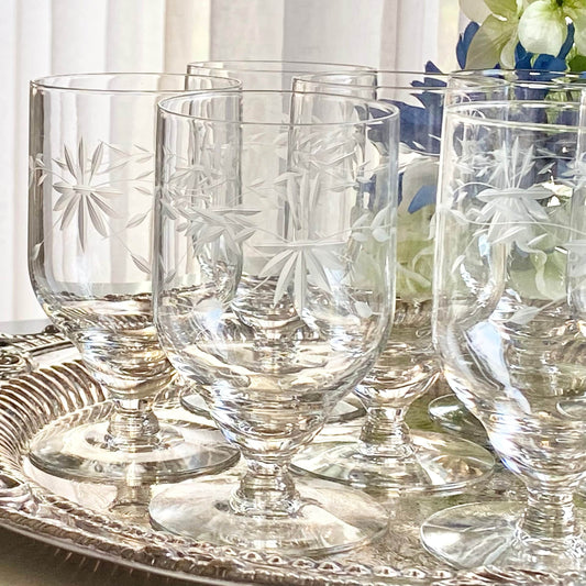 Vintage Etched Footed Glasses - Set of 7