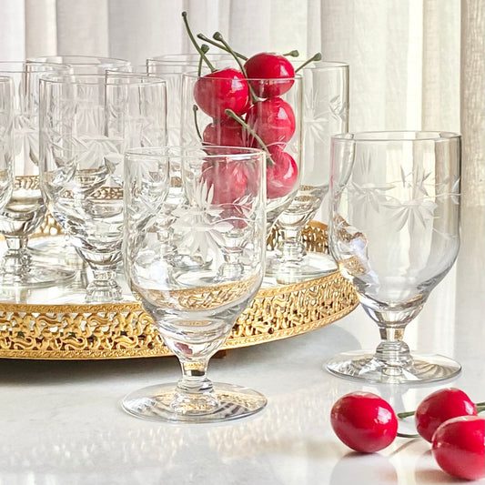 Vintage Etched Footed Glasses - Set of 12