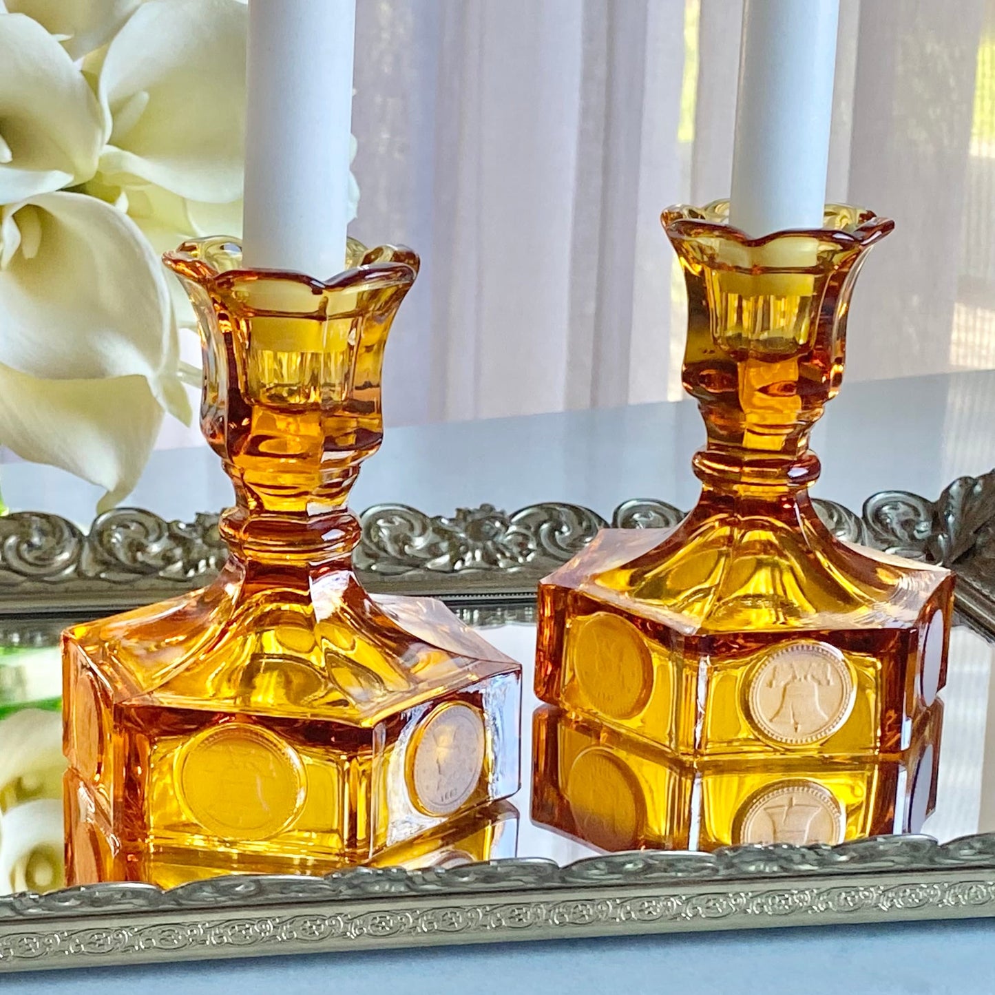 Vintage Fostoria Coin Glass Amber Candlestick Holders (circa 1958 - 1982) - Set of 2