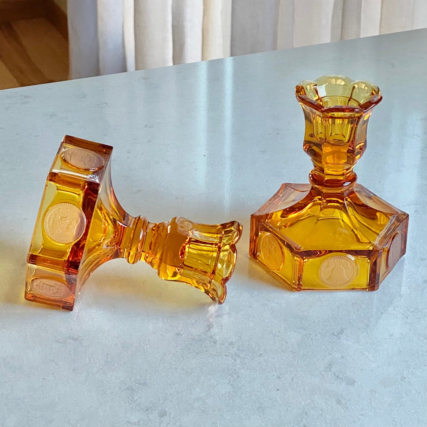 Vintage Fostoria Coin Glass Amber Candlestick Holders (circa 1958 - 1982) - Set of 2