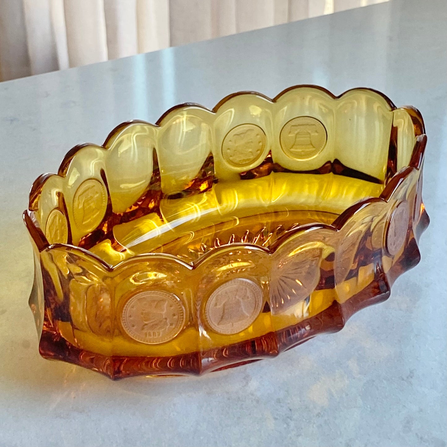 Vintage Fostoria Coin Glass Amber 9 Inch Oval Bowl (circa 1958 - 1982)