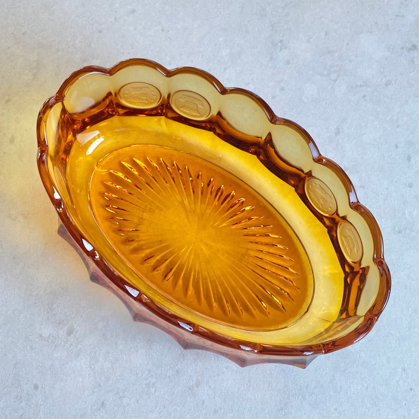 Vintage Fostoria Coin Glass Amber 9 Inch Oval Bowl (circa 1958 - 1982)