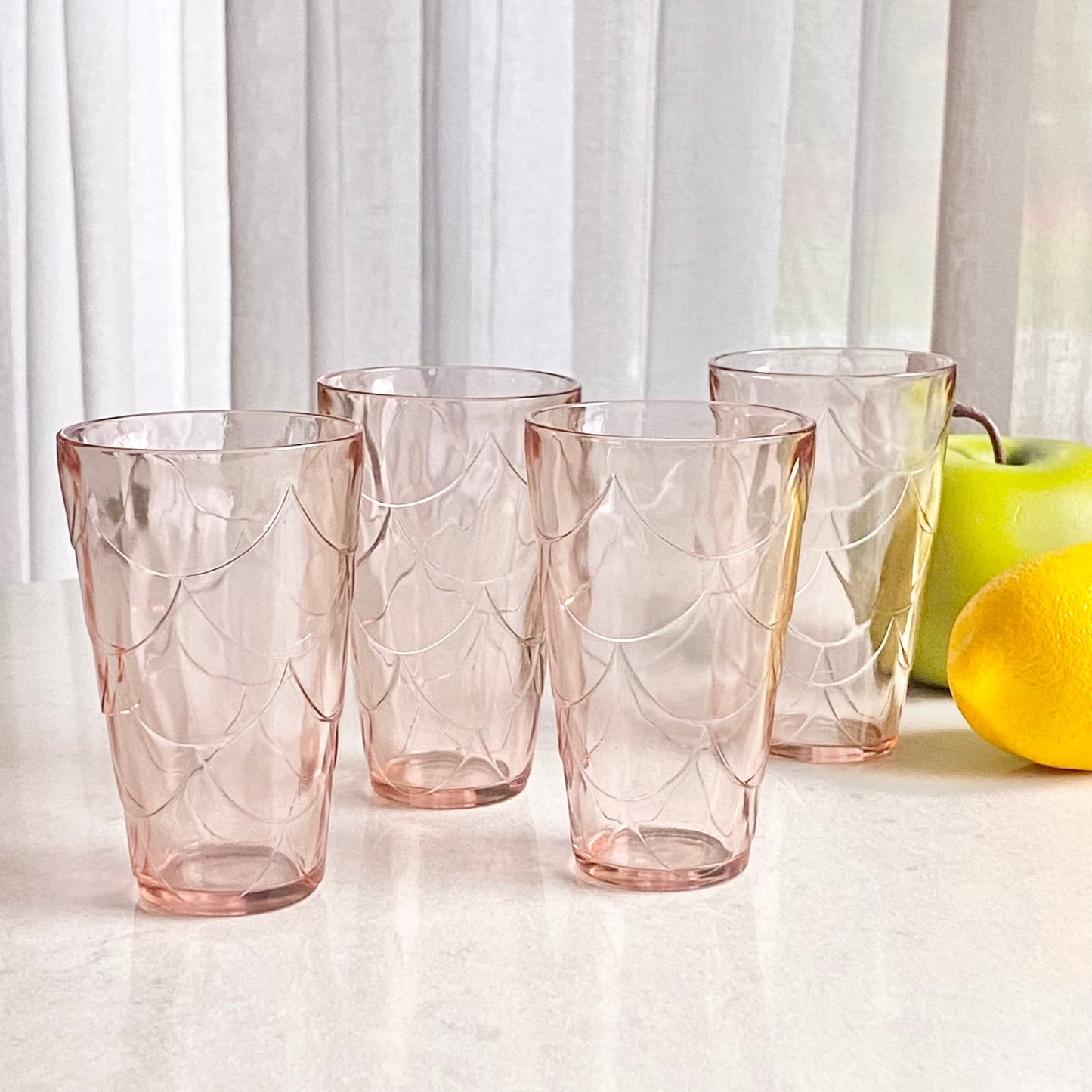 Vintage Pink Scalloped Fish Scale Glasses - Set of 5