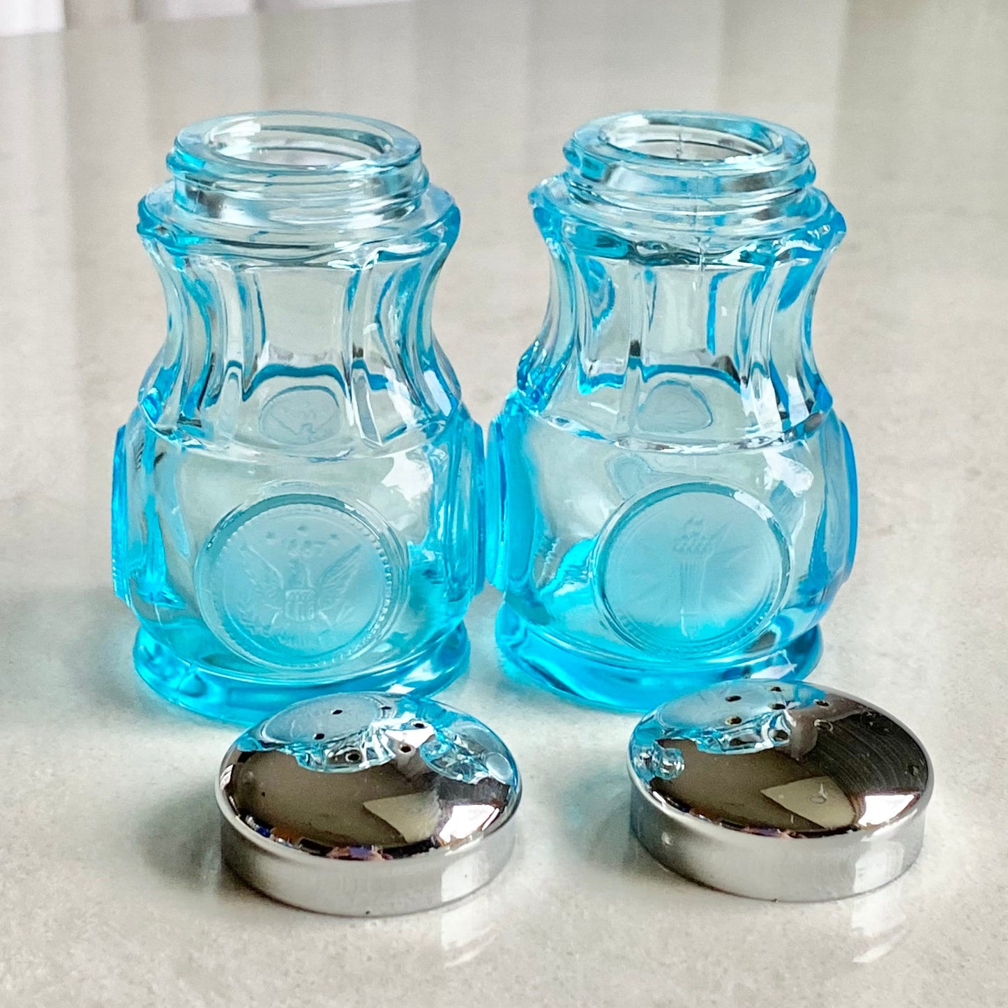 Vintage Fostoria Coin Glass Blue Salt and Pepper Shaker Set (circa 1958 - 1982)