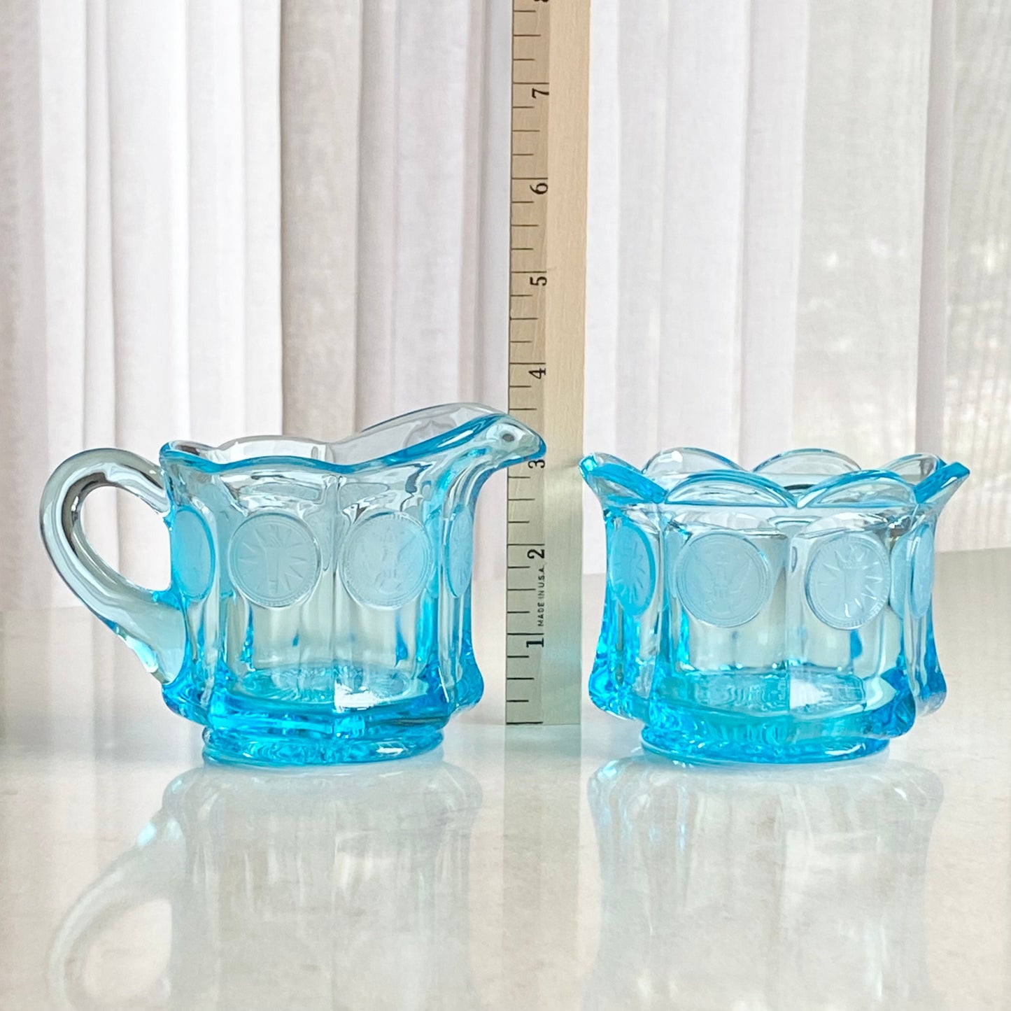 Vintage Fostoria Coin Glass Blue Creamer and Open Sugar Set (circa 1958 - 1982)