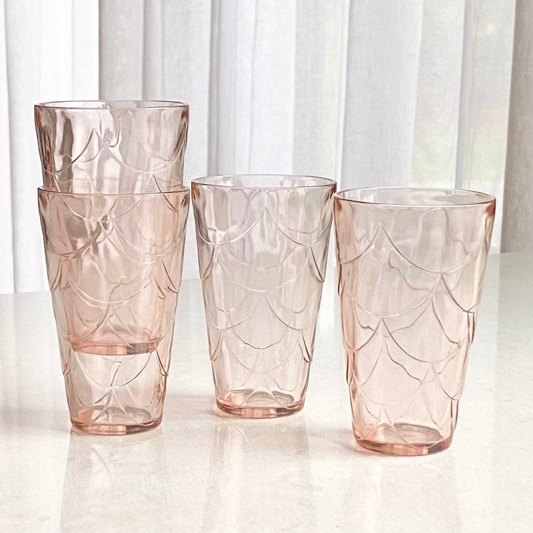 Vintage Pink Scalloped Fish Scale Glasses - Set of 5