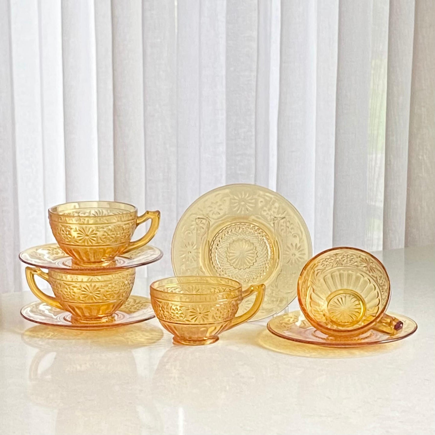 Vintage Indiana Glass Daisy Amber Cups and Saucers - 4 sets, 8 pieces total