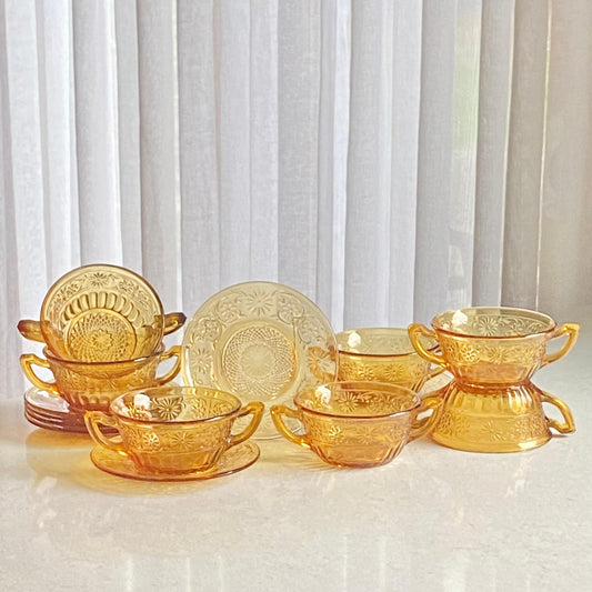 Vintage Indiana Glass Daisy Amber Handled Bowls and Saucers - 7 sets, 14 pieces total