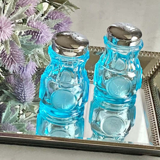 Vintage Fostoria Coin Glass Blue Salt and Pepper Shaker Set (circa 1958 - 1982)