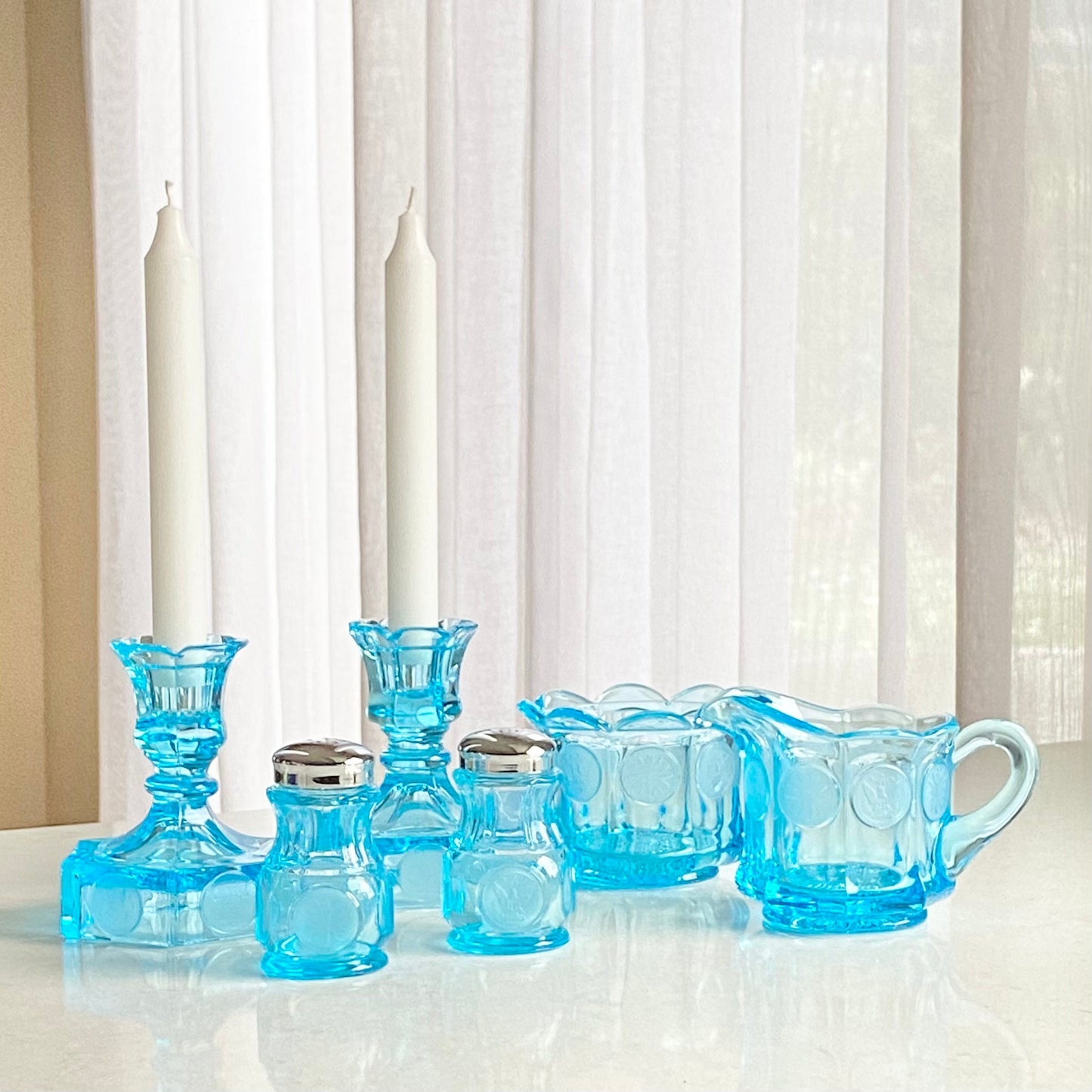 Vintage Fostoria Coin Glass Blue Creamer and Open Sugar Set (circa 1958 - 1982)