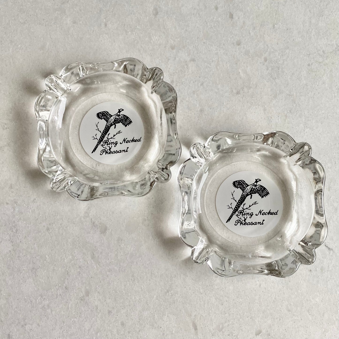 Vintage Federal Glass Sportsman Ring Necked Pheasant Ashtrays - Set of 2