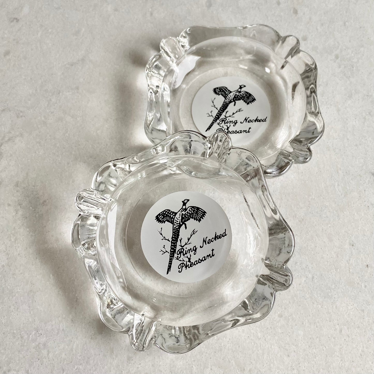 Vintage Federal Glass Sportsman Ring Necked Pheasant Ashtrays - Set of 2