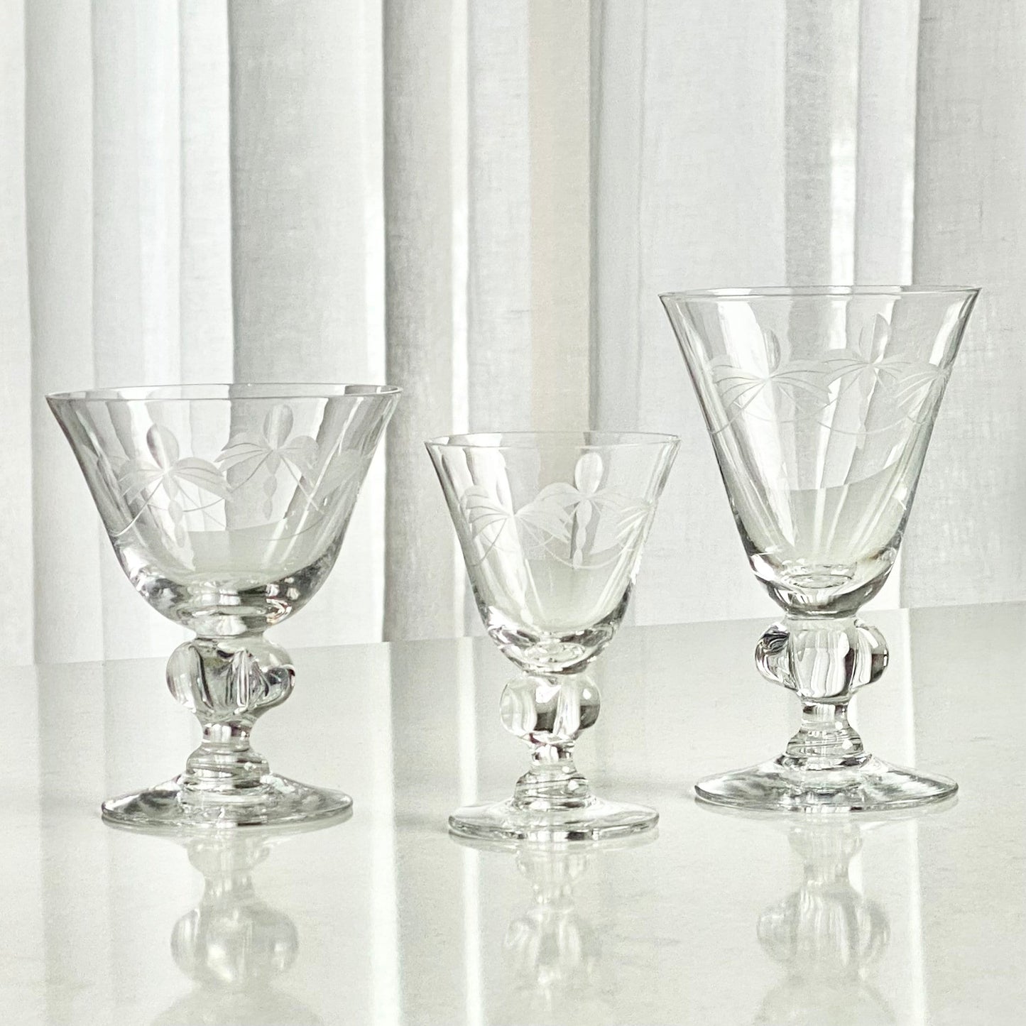 Vintage Swedish Etched Lobe Stem Glasses - Set of 4