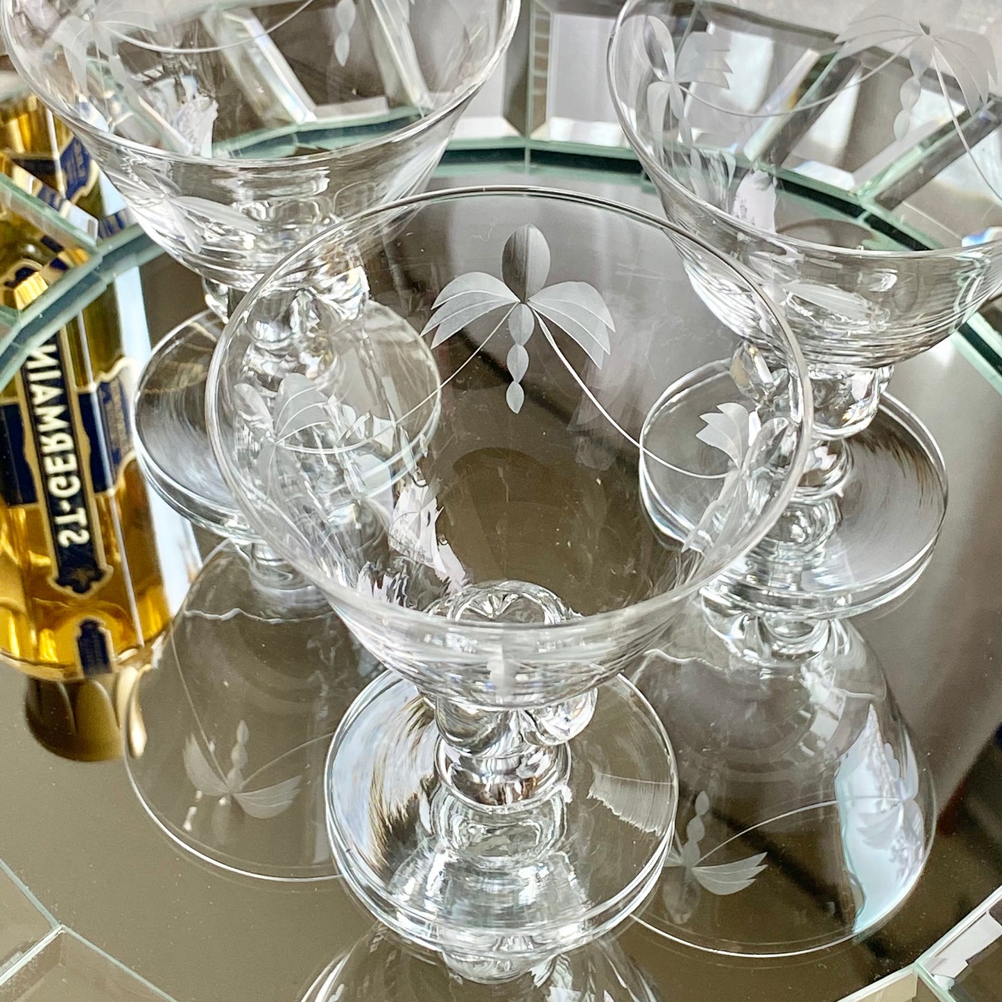 Vintage Swedish Etched Lobe Stem Glasses - Set of 4