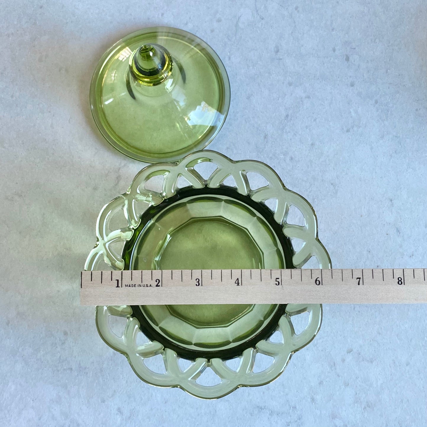 Vintage Imperial Glass Avocado Green Lace Edge Candy Dish with Big Top Finial Lid