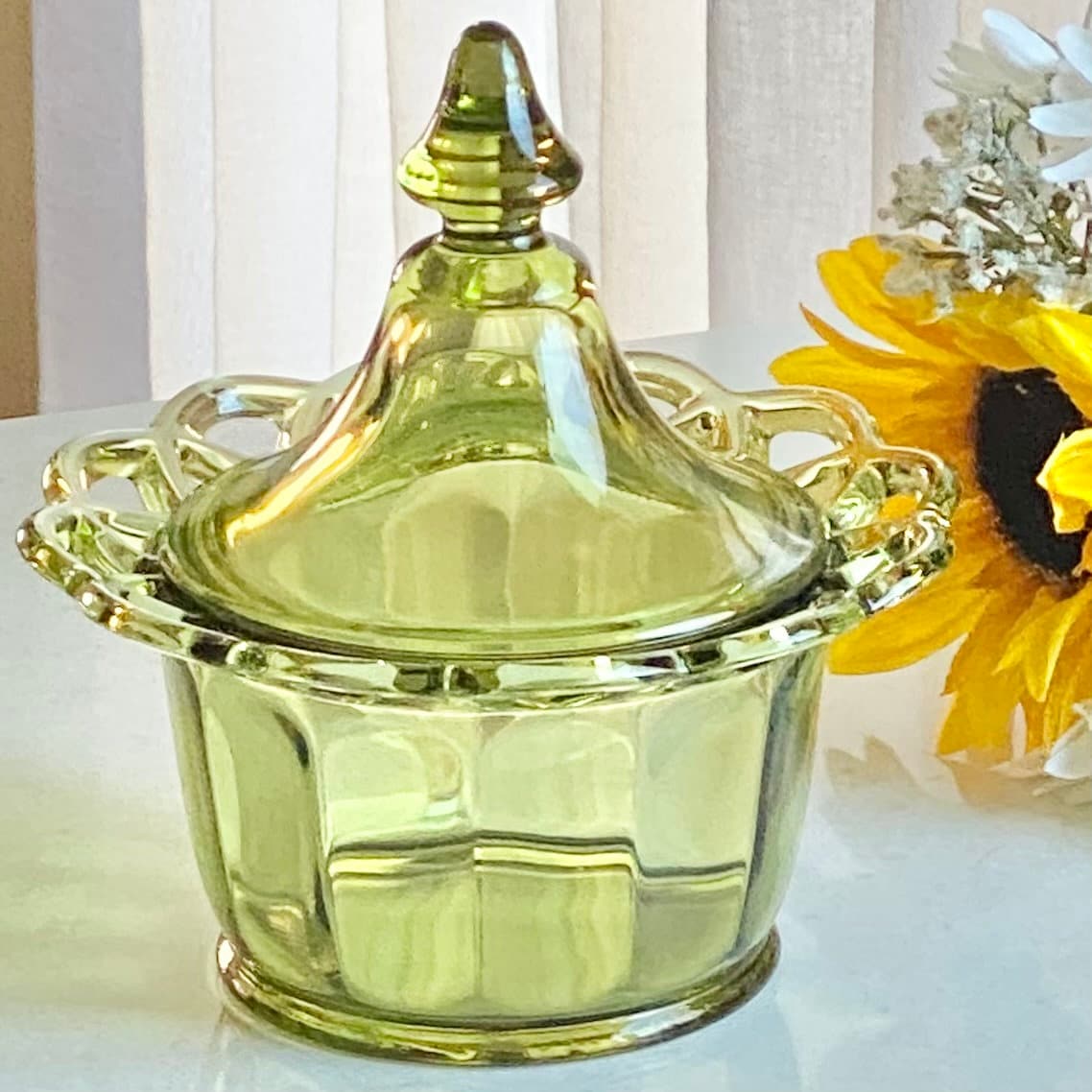 Vintage Imperial Glass Avocado Green Lace Edge Candy Dish with Big Top Finial Lid