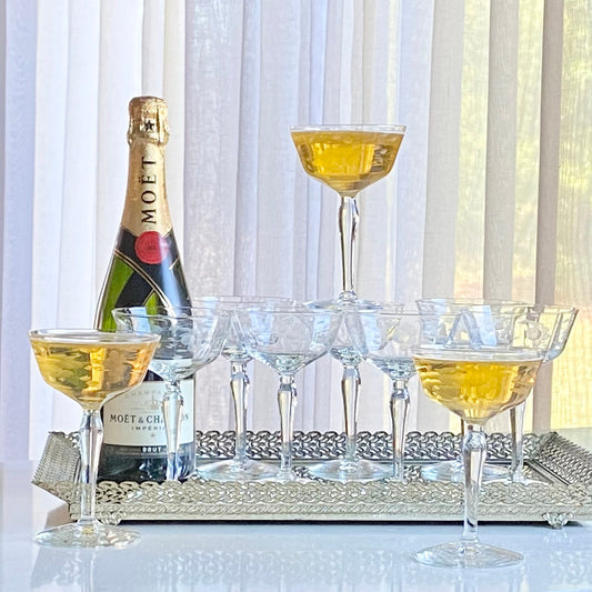 Vintage Etched Champagne Coupes / Cocktail Glasses - Set of 10