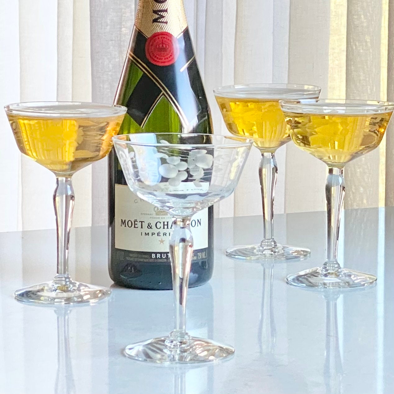 Vintage Etched Champagne Coupes / Cocktail Glasses - Set of 10