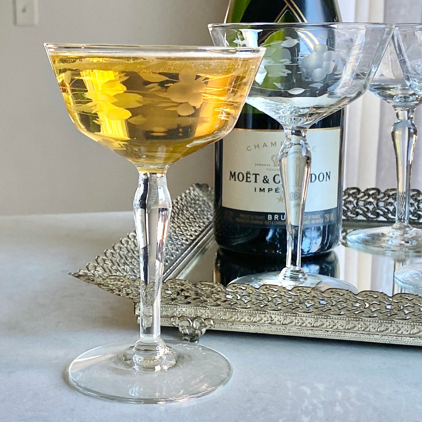 Vintage Etched Champagne Coupes / Cocktail Glasses - Set of 10