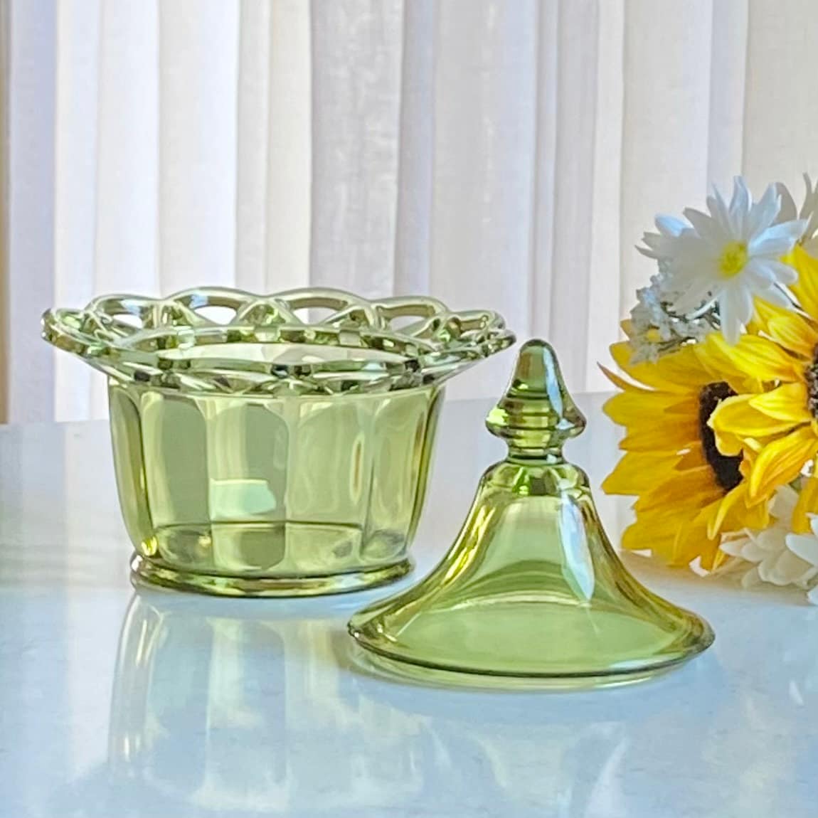 Vintage Imperial Glass Avocado Green Lace Edge Candy Dish with Big Top Finial Lid