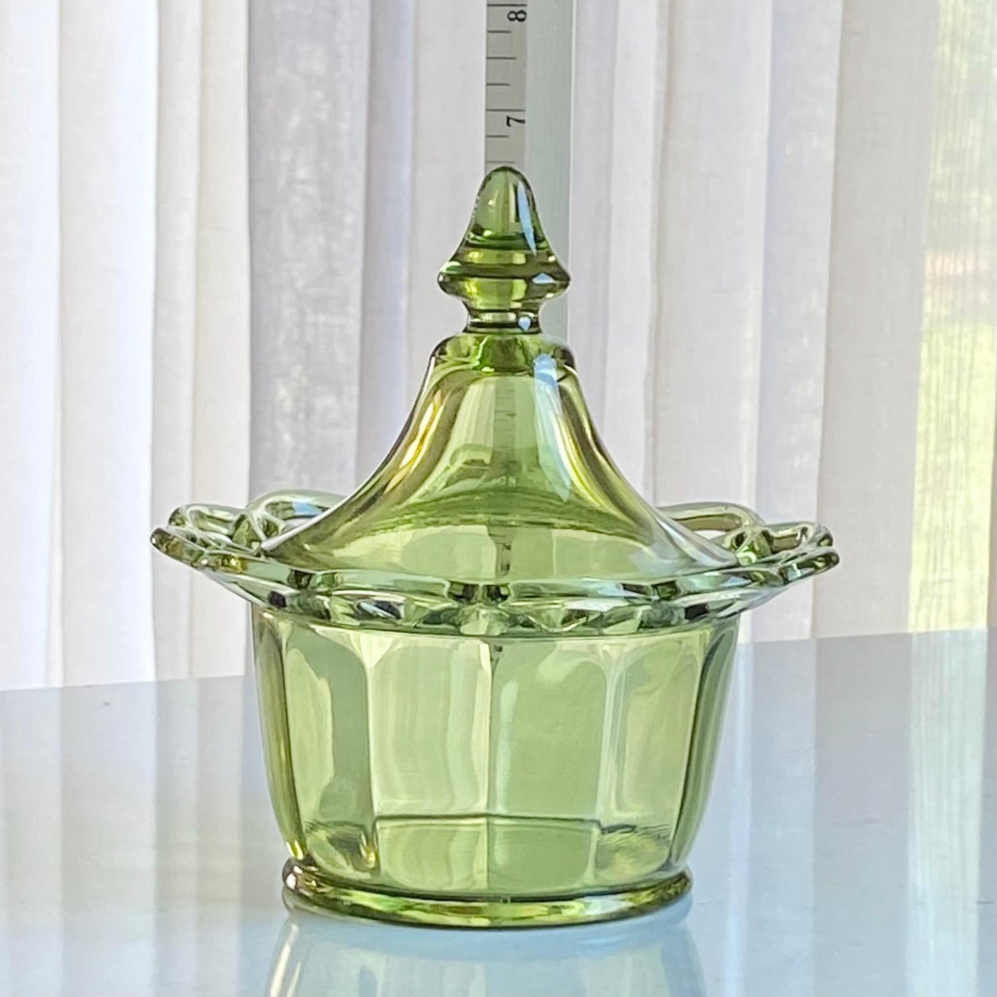 Vintage Imperial Glass Avocado Green Lace Edge Candy Dish with Big Top Finial Lid