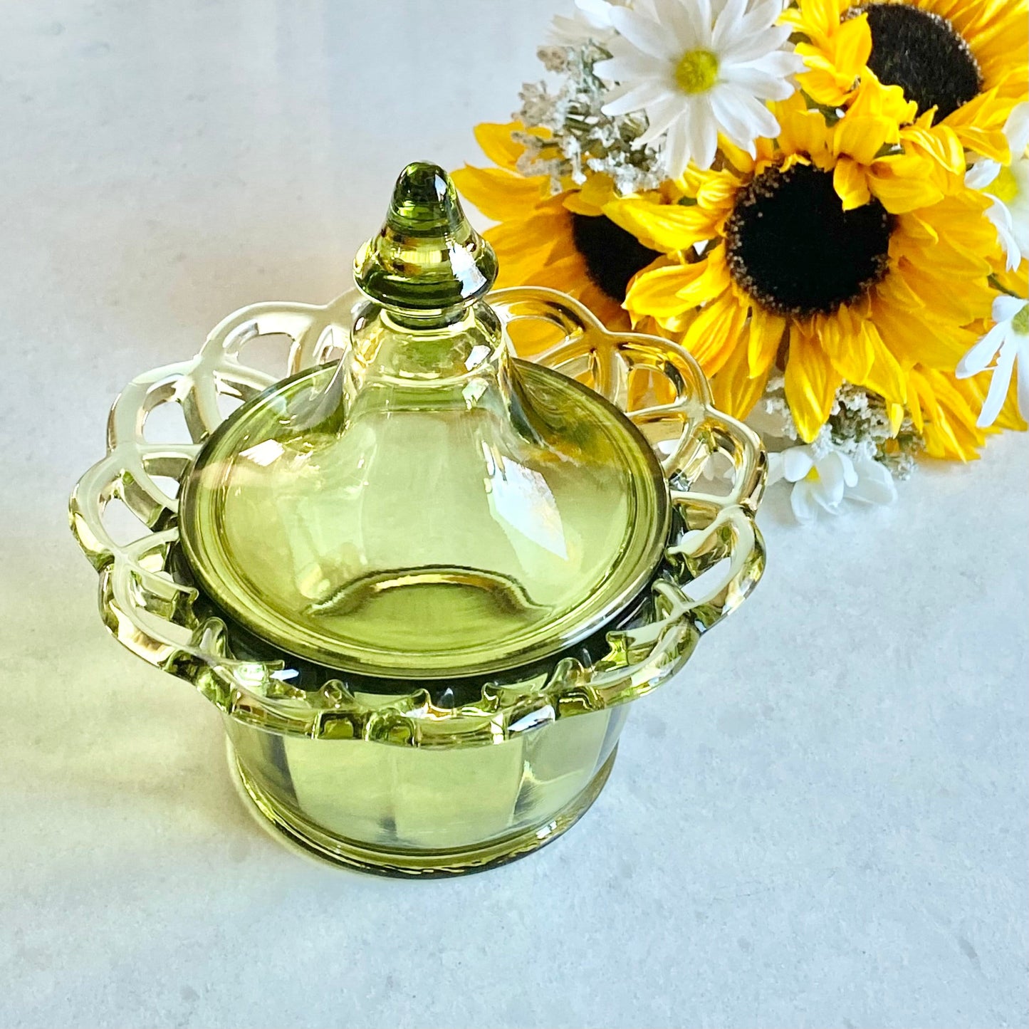 Vintage Imperial Glass Avocado Green Lace Edge Candy Dish with Big Top Finial Lid